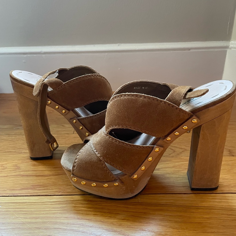 Miu Miu Tan Suede Studded Wooden Platform Slingback Heels, Size 38